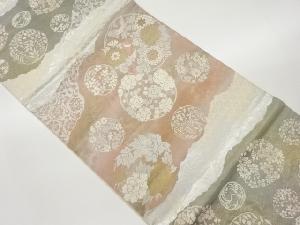 服部織物製　こはく錦狩猟引箔道長取りに花輪・鳥模様織出し袋帯